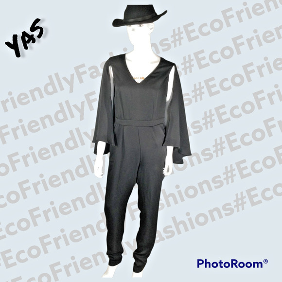 Y.A.S Women's Cape Jumpsuit Black Deep Neck One Piece Size Small - Picture 1 of 8